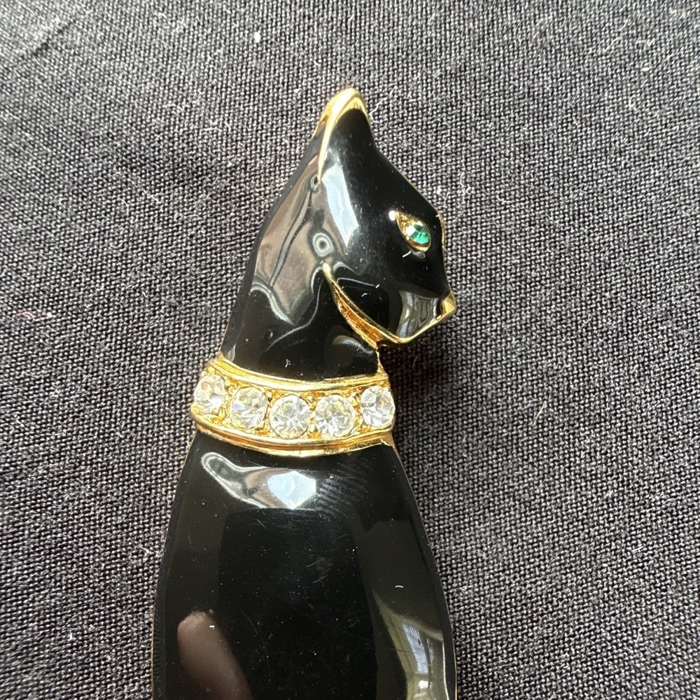 Vintage Trifari Black Cat Brooch Pin Gold Tone Rhinestone Collar Marked "Japan"